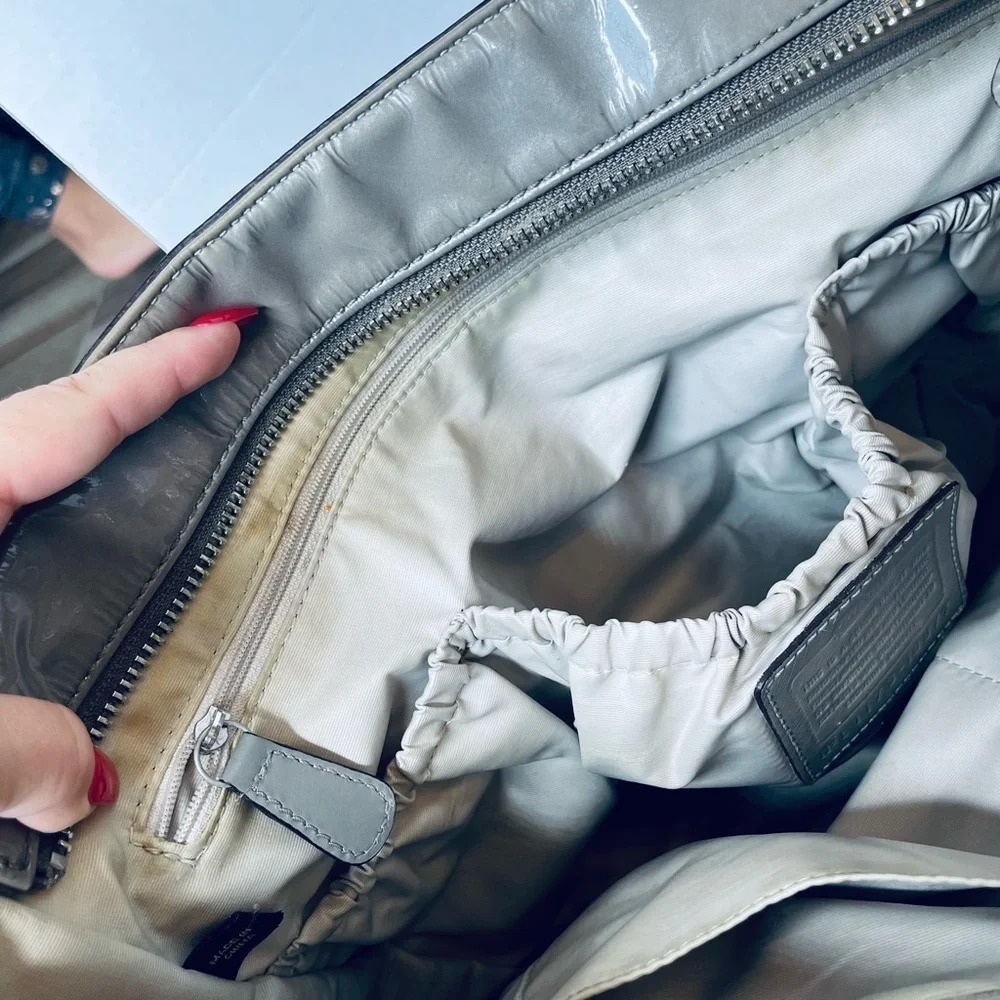 COACH 16977 Rare Gray Signature Patent Leather Tote Travel Diaper Bag